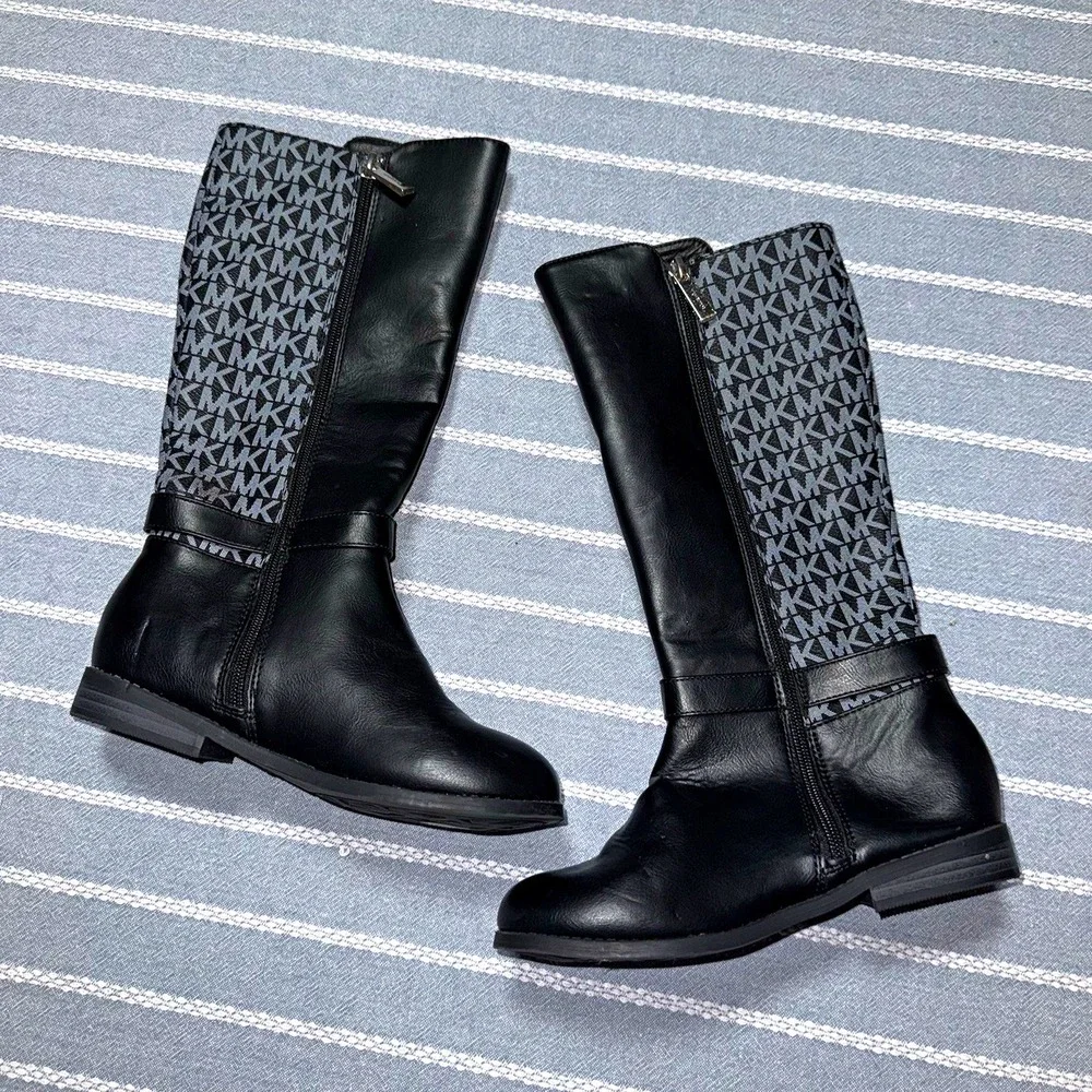 Michael Kors Shea Kids Knee High Riding Boots Black Gray Logo Zip US 2 Girls